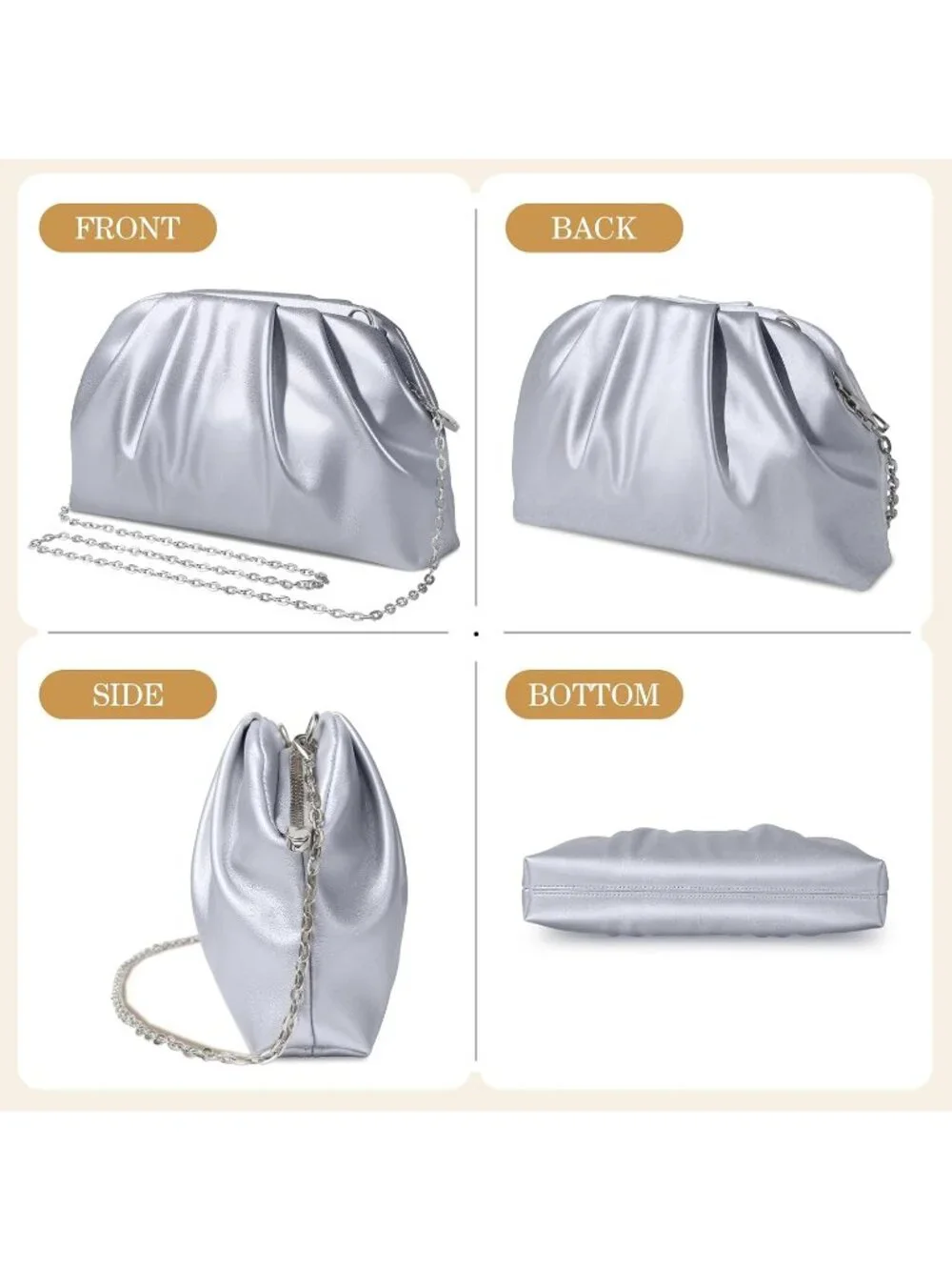 👜Women's Silver Soft Pleated PU Wedding Elegant Evening Clutch Party Purse Bag